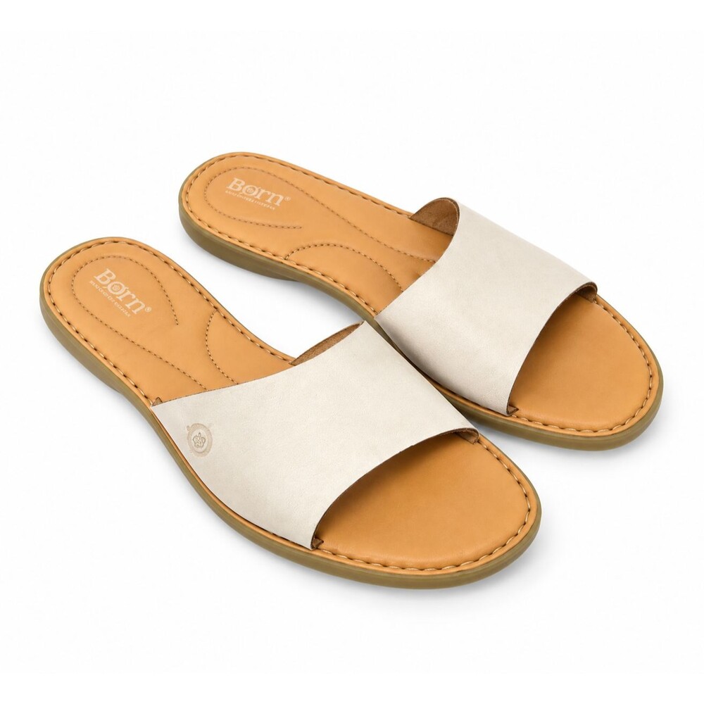 Born White Leather Slide Sandals Women 11M Flat Slip On Minimalist Comfort